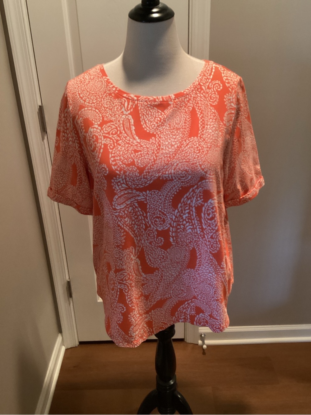 Chico's Coral and White Paisley Short-Sleeve Tee